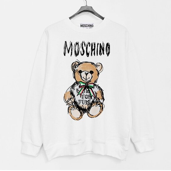 Moschino Tops - Moschino Teddy Bear Print Terry Crew Neck Sweatshirt in White